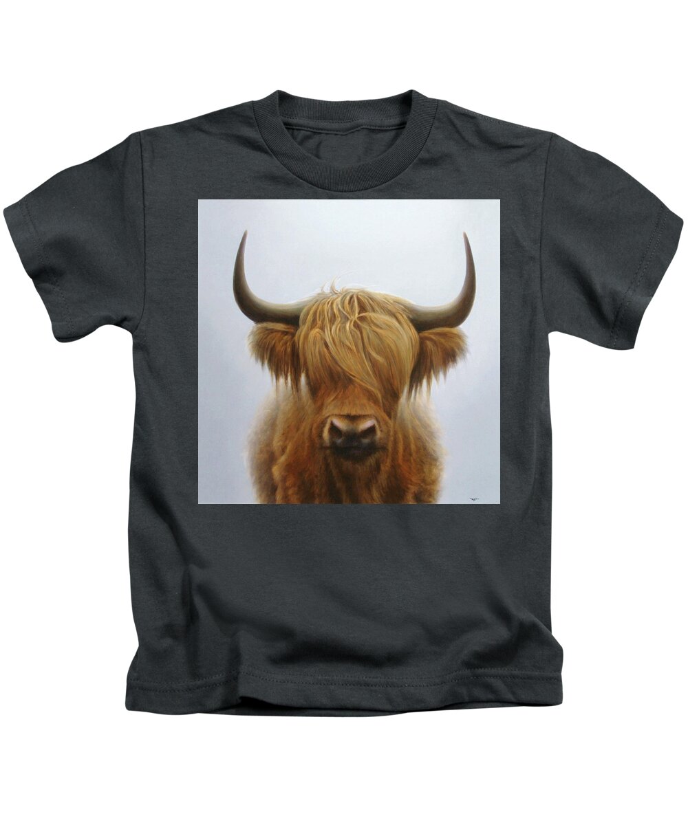 Realism Kids T-Shirt featuring the painting Scott Highland Cattle #2 by Zusheng Yu