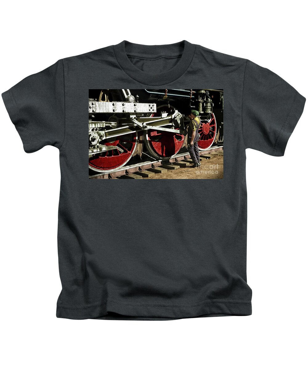 Trains Kids T-Shirt featuring the photograph The Mechanic #3 by Franchi Torres