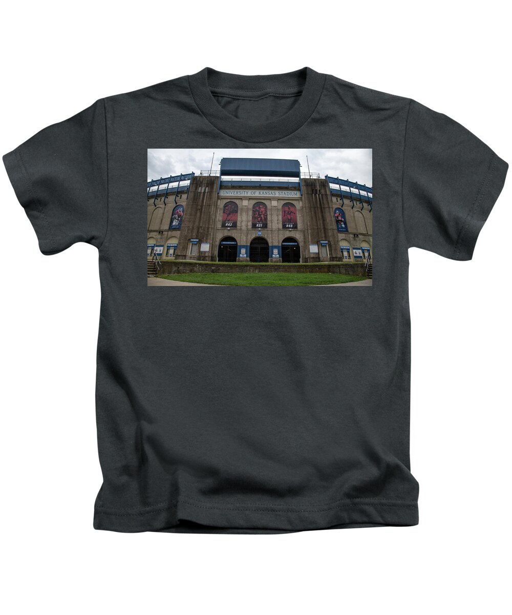 Kansas Jayhawks Kids T-Shirt featuring the photograph Close up of David Booth Memorial Stadium at University of Kansas by Eldon McGraw