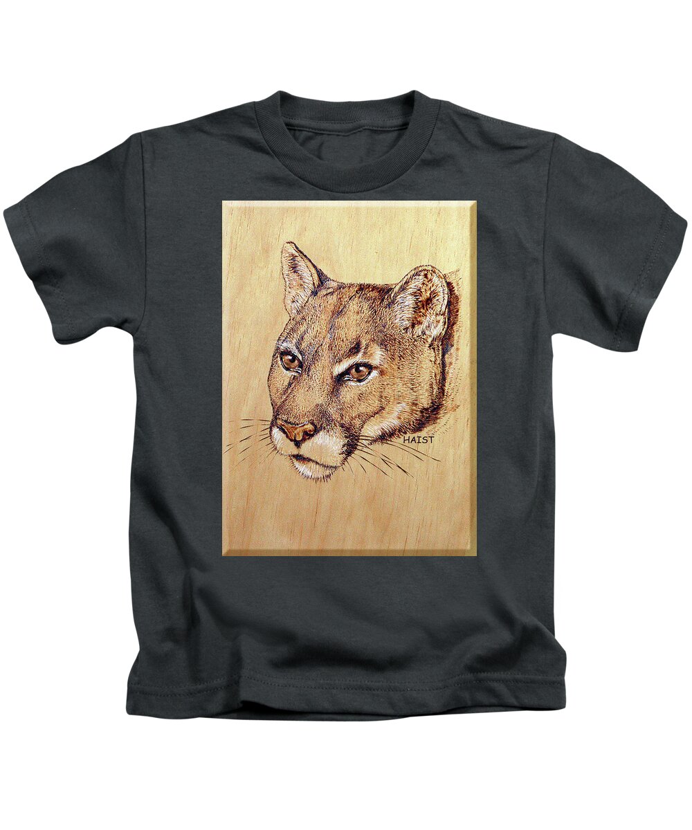 Cougar Kids T-Shirt featuring the pyrography Cougar #3 by Ron Haist