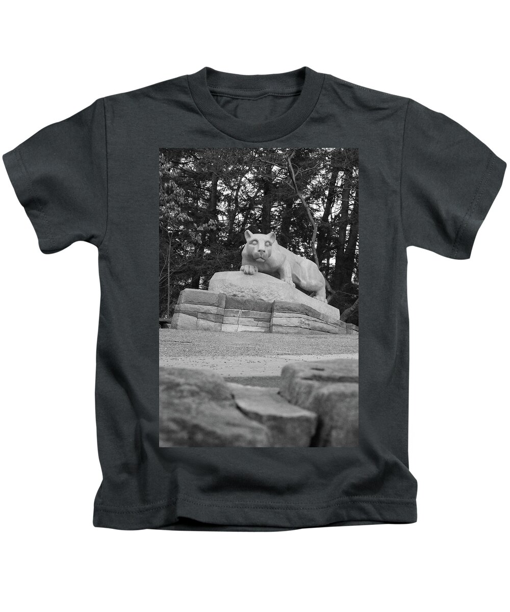 State College Pennsylvania Kids T-Shirt featuring the photograph Nittany Lion Shrine at Penn State University in black and white by Eldon McGraw