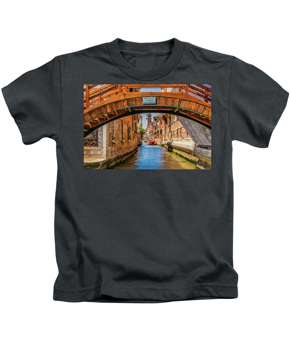Architecture Kids T-Shirt featuring the photograph View up Venice Canal Under Bridges #3 by Darryl Brooks