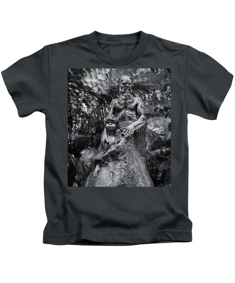 Aboriginal Sculpture Kids T-Shirt featuring the sculpture William Rickett's Aboriginal sculpture - Black and white photo #10 by Paul E Williams