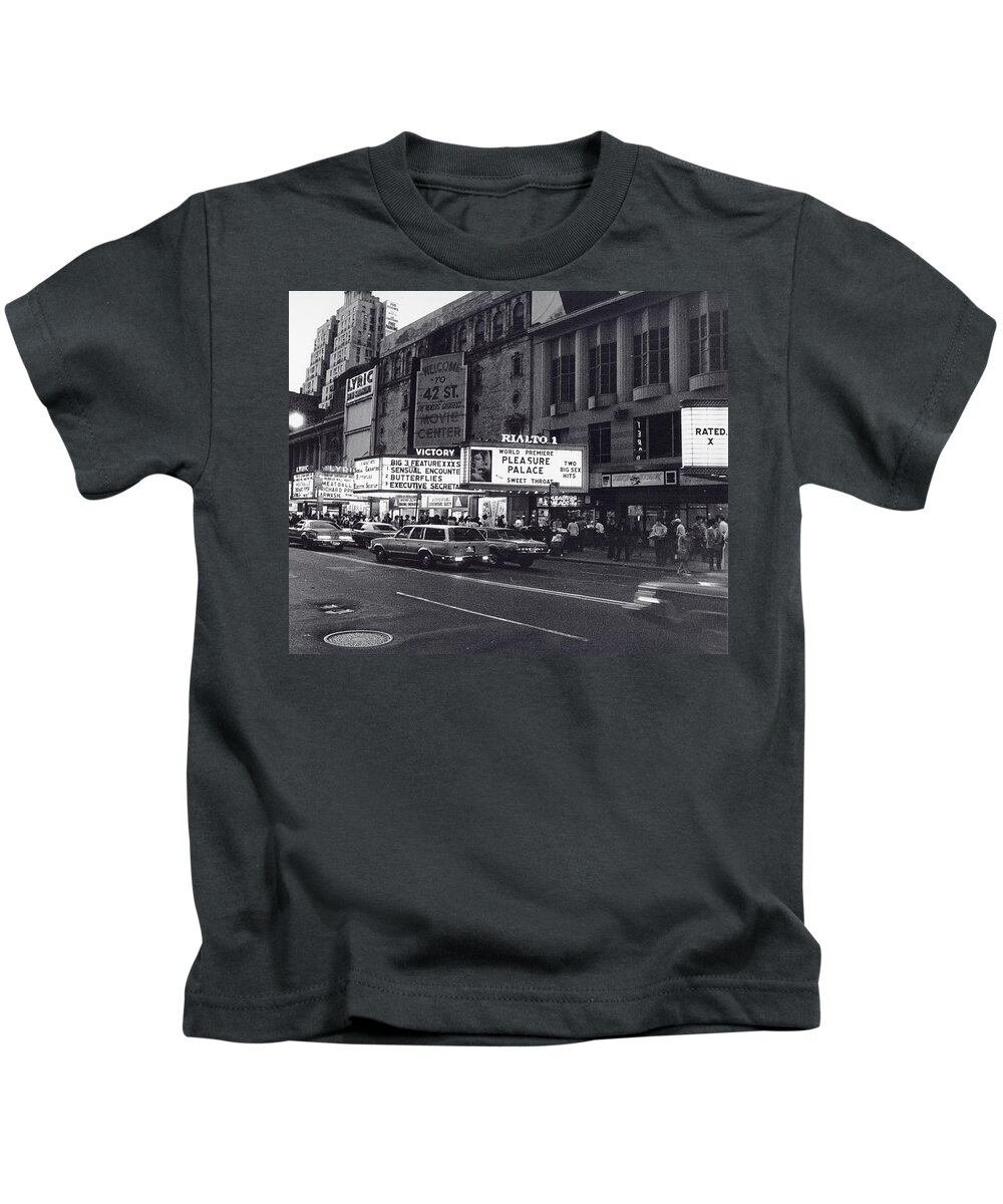 B&w Gallery Kids T-Shirt featuring the photograph 42nd Street NYC 1982 by Steven Huszar