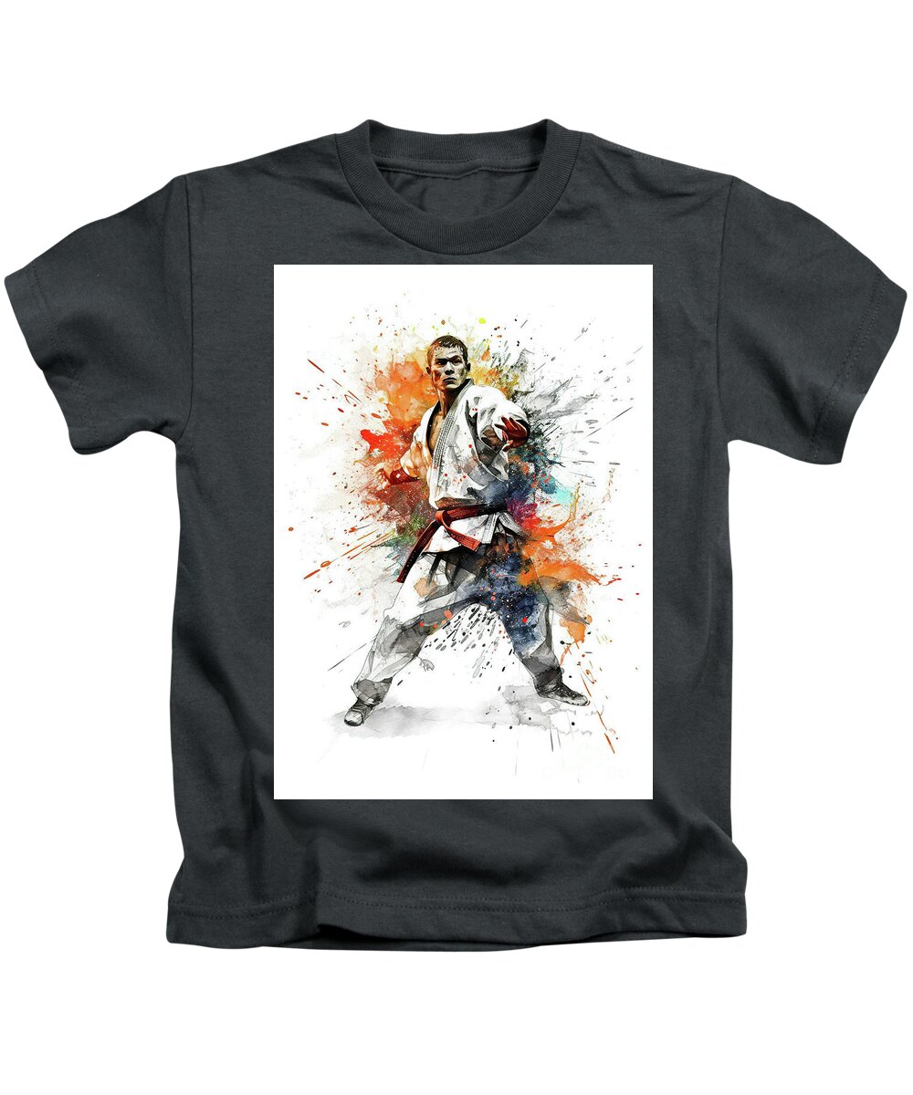 Karate Kids T-Shirt featuring the digital art Colorful paint splashes during martial artist action. #9 by Odon Czintos