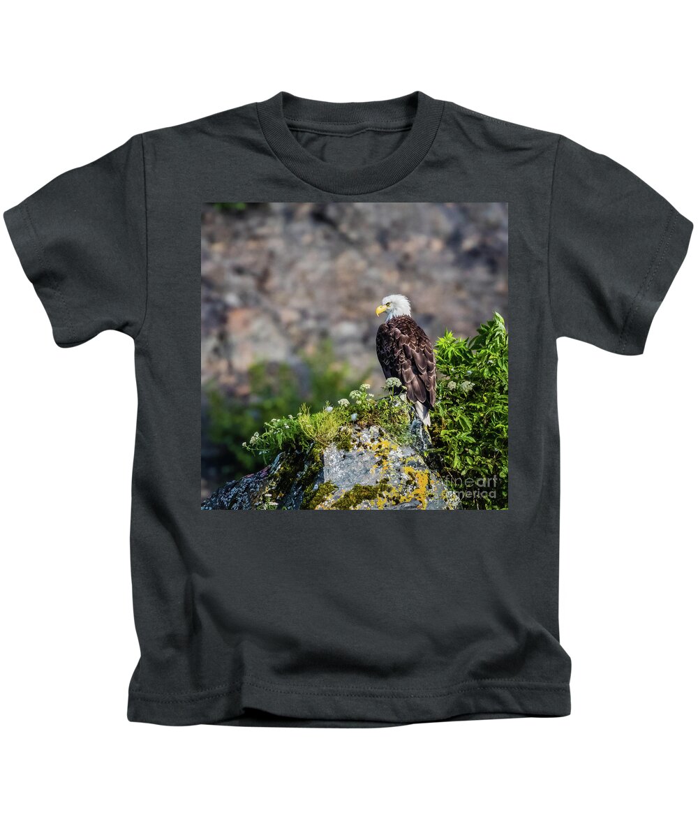 Eagle Kids T-Shirt featuring the photograph Bald eagle sitting on the rock by Lyl Dil Creations