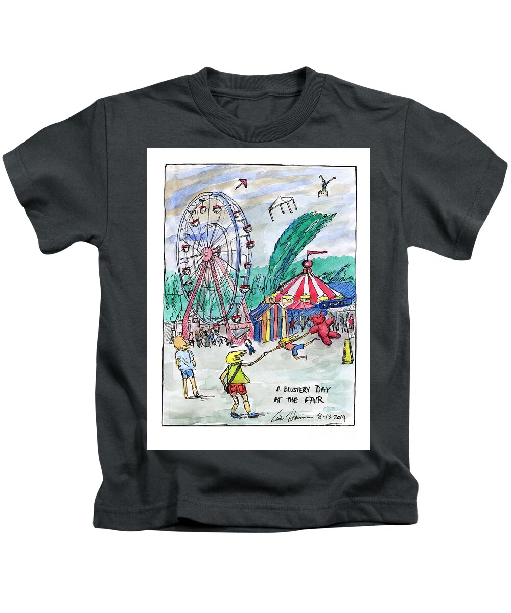 Fair Kids T-Shirt featuring the drawing A Blustery Day at the Fair by Eric Haines