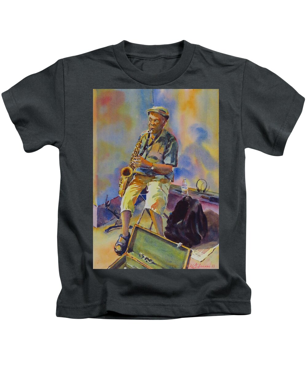 Jazz Player Kids T-Shirt featuring the painting A Cool Sax by David Gilmore