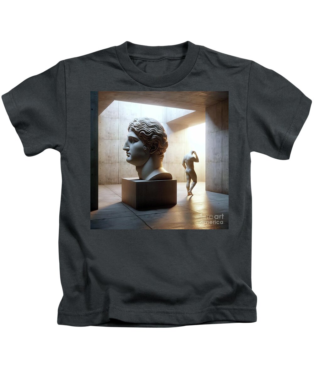 Sculpture Kids T-Shirt featuring the digital art A detailed sculpture of a classical head stands on a cube pedestal in a modern concrete architectura by Odon Czintos