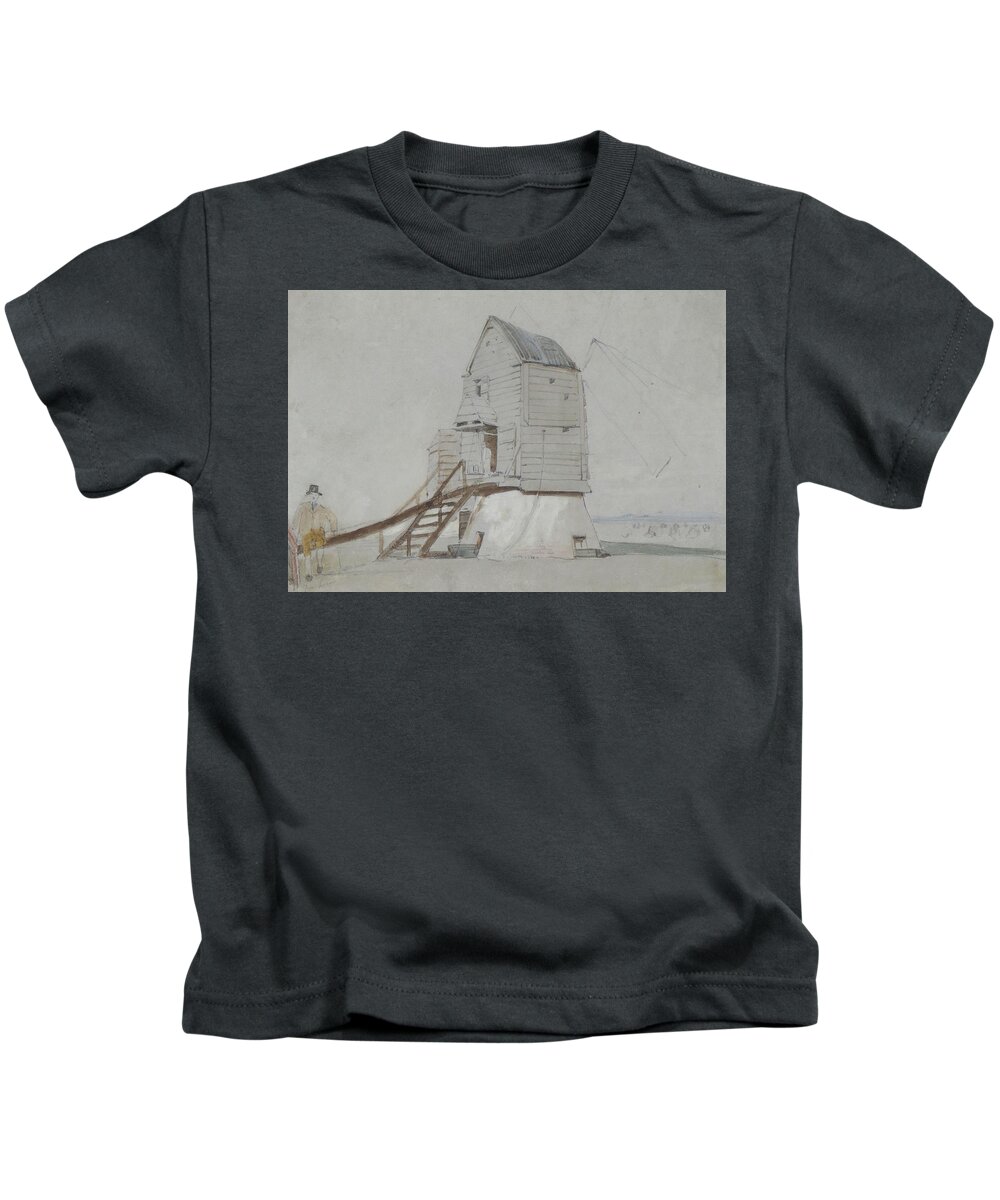 Poster Kids T-Shirt featuring the painting A Figure Beside A Windmill by MotionAge Designs