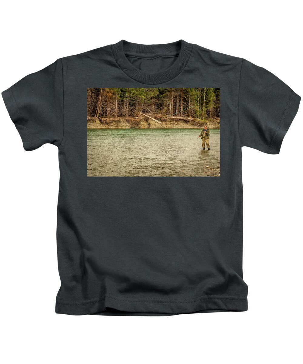 A man hooked into a fish while fly fishing in British Columbia, near  Kitimat Kids T-Shirt by Snap-T Photography - Fine Art America