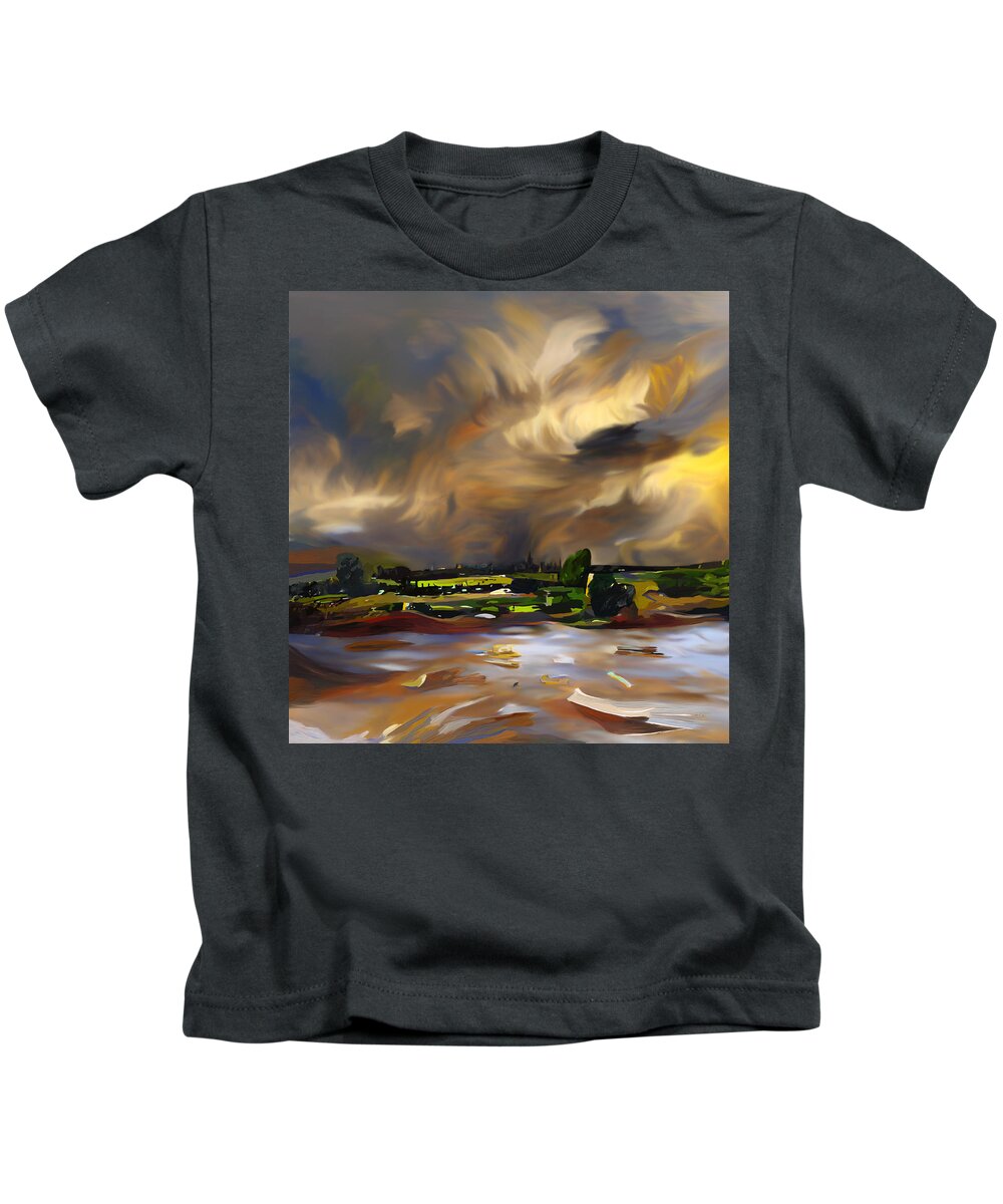 Gibsmere Landscape Kids T-Shirt featuring the mixed media A Storm over Gibsmere and the River Trent by Ann Leech