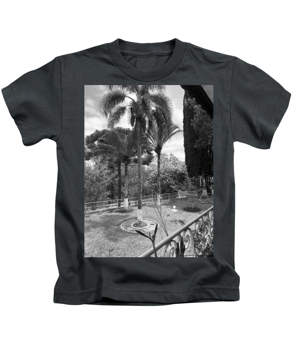 All Kids T-Shirt featuring the digital art A View of Backyard from Patio Black and White KN63 by Art Inspirity
