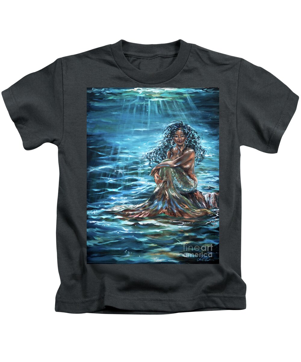 Mermaid Kids T-Shirt featuring the painting Above or Below the Sea by Linda Olsen