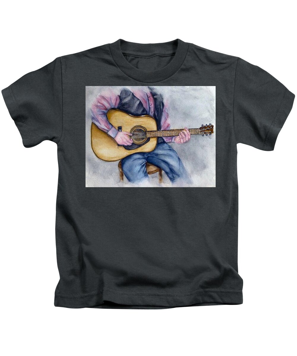 Playing Acoustic Guitar Kids T-Shirt featuring the mixed media Acoustic Guitar Playing by Kelly Mills