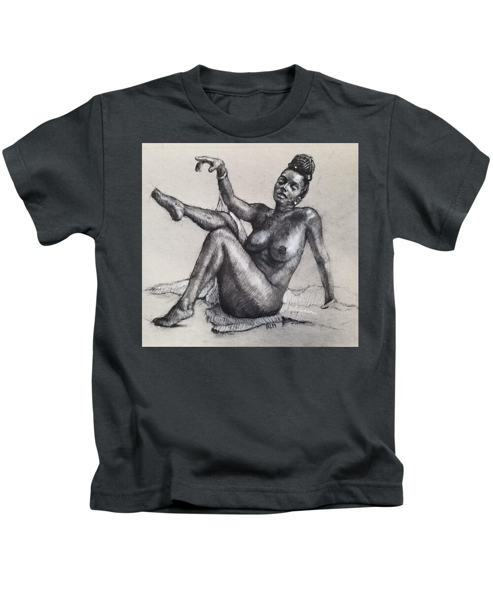 Pencil Sketch Charcoal Croquis Nude Blm Black Lives Matter Naked Female Figure Kids T-Shirt featuring the drawing Alice in Wonderland by Jeff Dickson