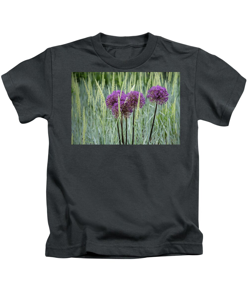 Dow Gardens Kids T-Shirt featuring the photograph Allium in the Weeds by Robert Carter