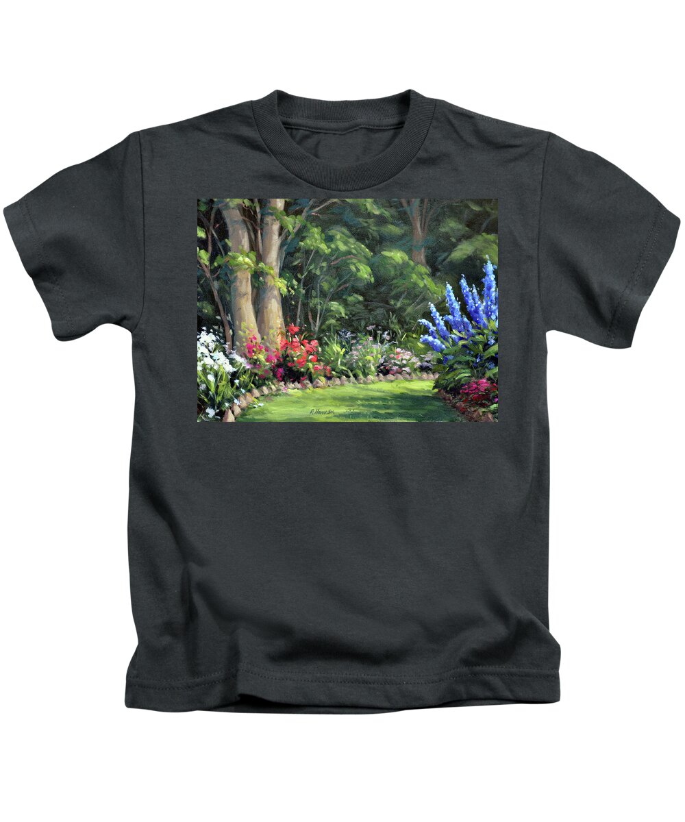 Delphiniums Kids T-Shirt featuring the painting America's Garden, the Red,White and Blue by Rick Hansen