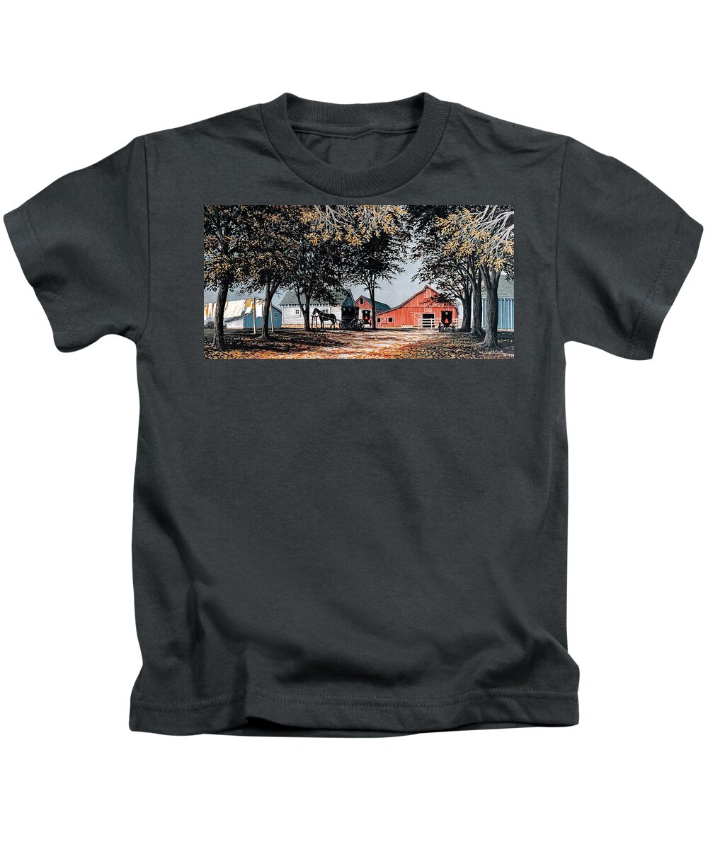 Amish Farm Kids T-Shirt featuring the painting Amish Farm by George Lightfoot