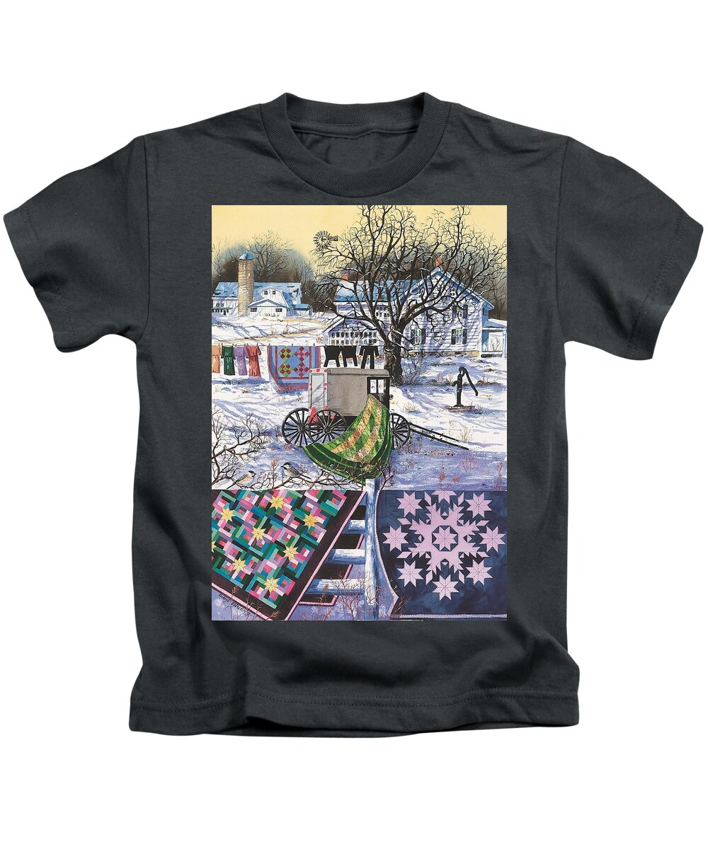Quilts Kids T-Shirt featuring the painting Amish Winter by Diane Phalen