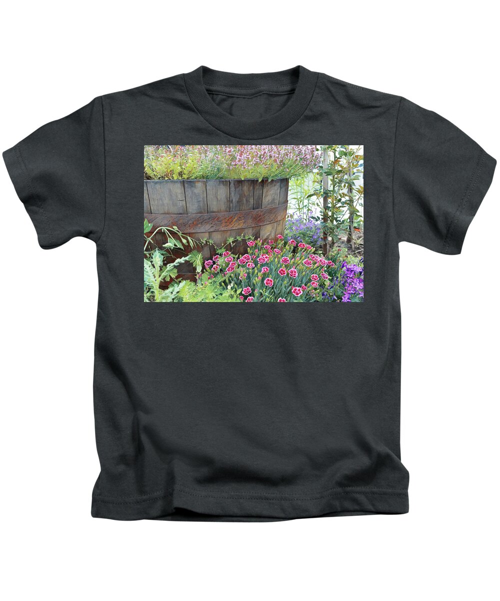 Barrel Kids T-Shirt featuring the painting An old, rusty wooden barrel full of flowers by Patricia Piotrak