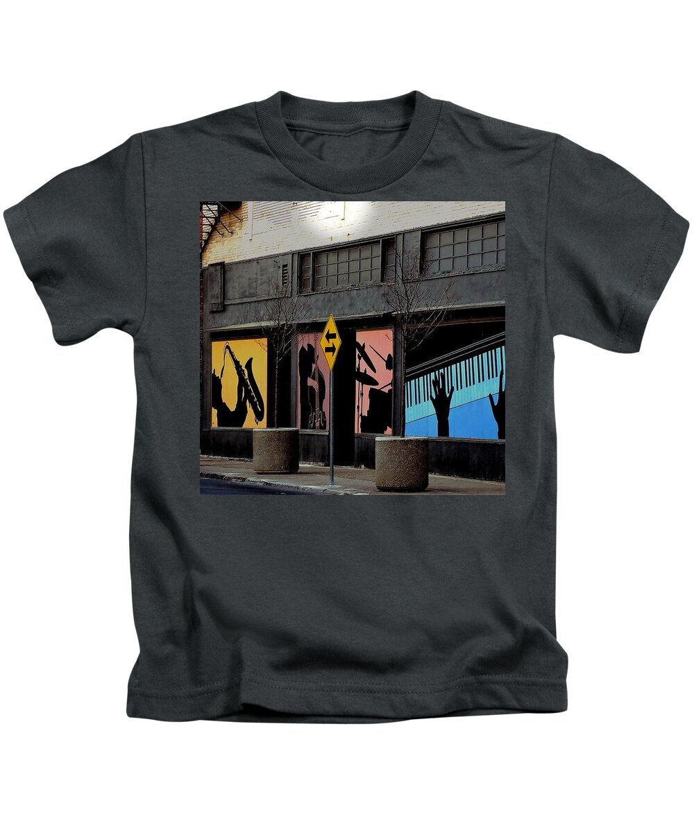 Street Photography Kids T-Shirt featuring the photograph And All That Jazz by Tami Quigley