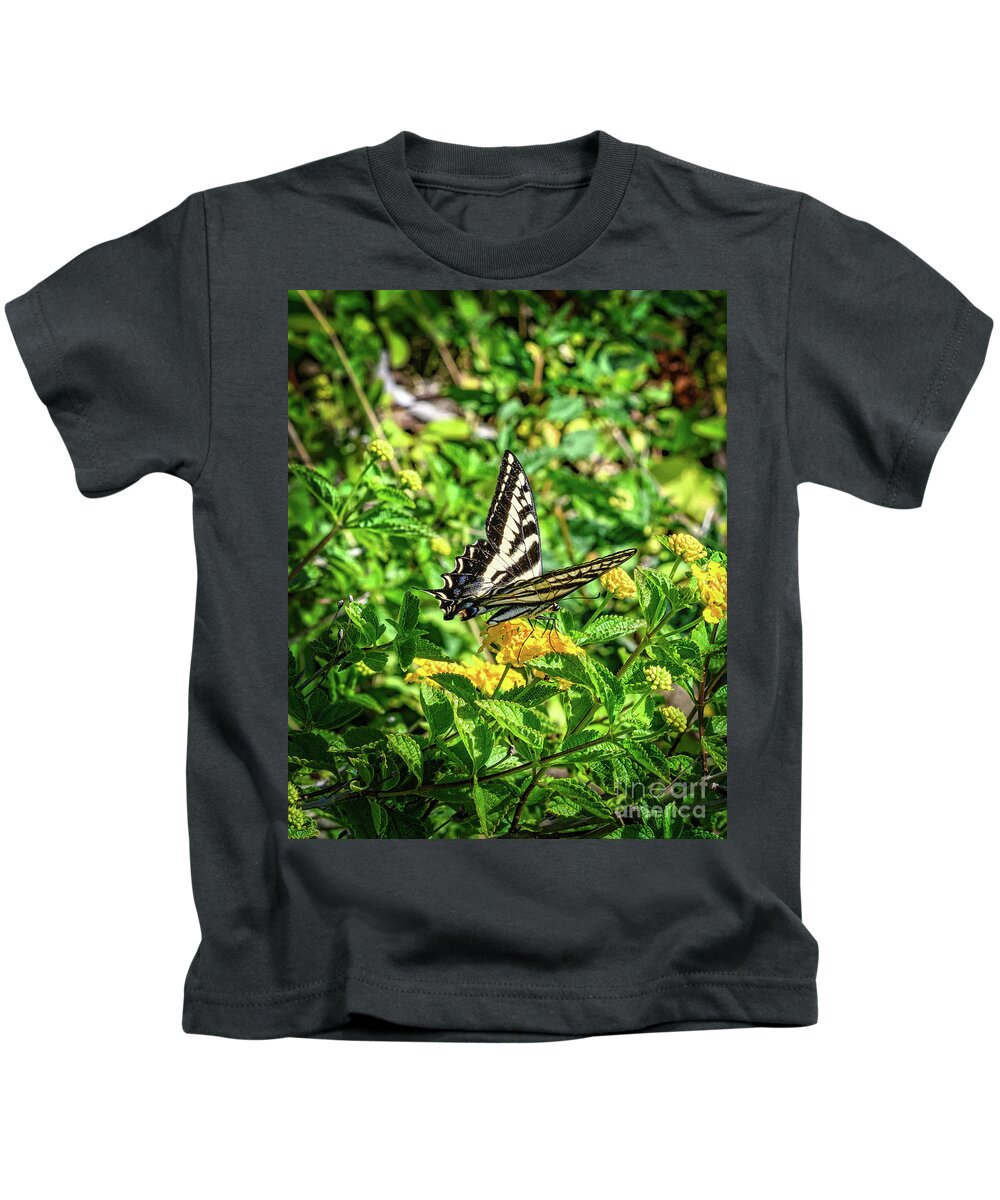 Anise Swallowtail Butterfly Kids T-Shirt featuring the photograph Anise Swallowtail Butterfly on a Yellow Lantana Flower by Abigail Diane Photography