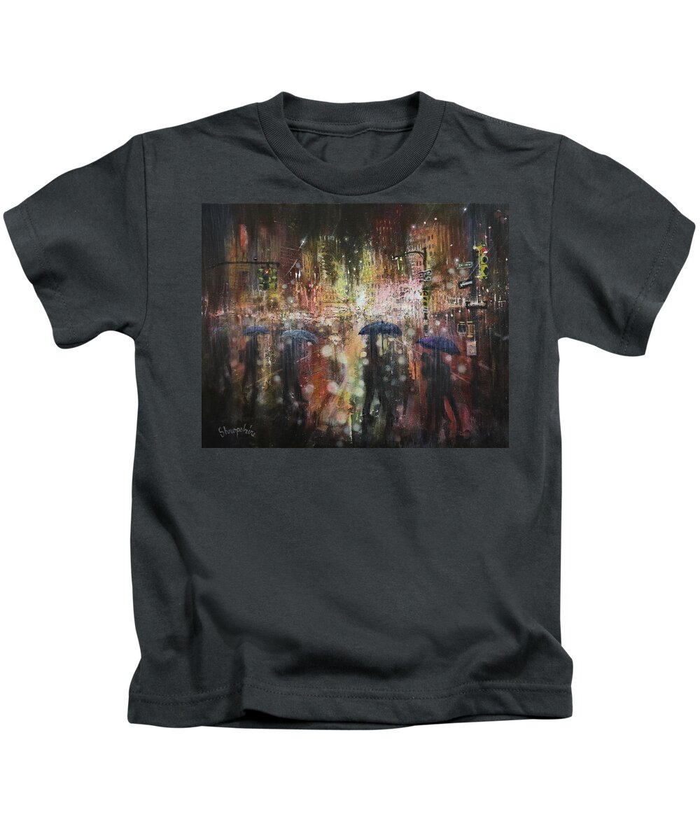 City At Night Kids T-Shirt featuring the painting Another Stormy Night by Tom Shropshire