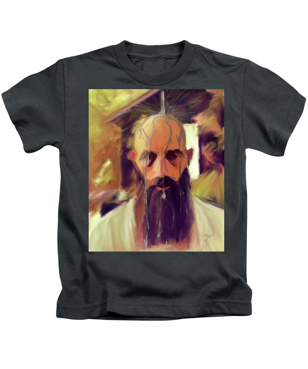 Portrait Wet Water Falling On Head Kids T-Shirt featuring the painting Appalachian old man standing in front of cabin with water pouring on head dripping down face beard by MendyZ