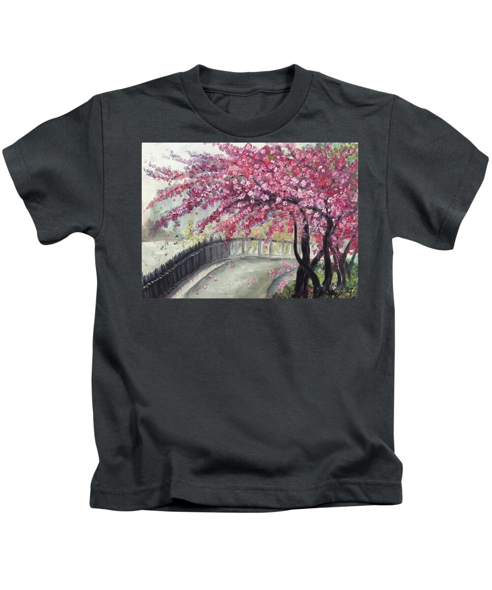 Paris Kids T-Shirt featuring the painting April in Paris Cherry Blossoms by Roxy Rich