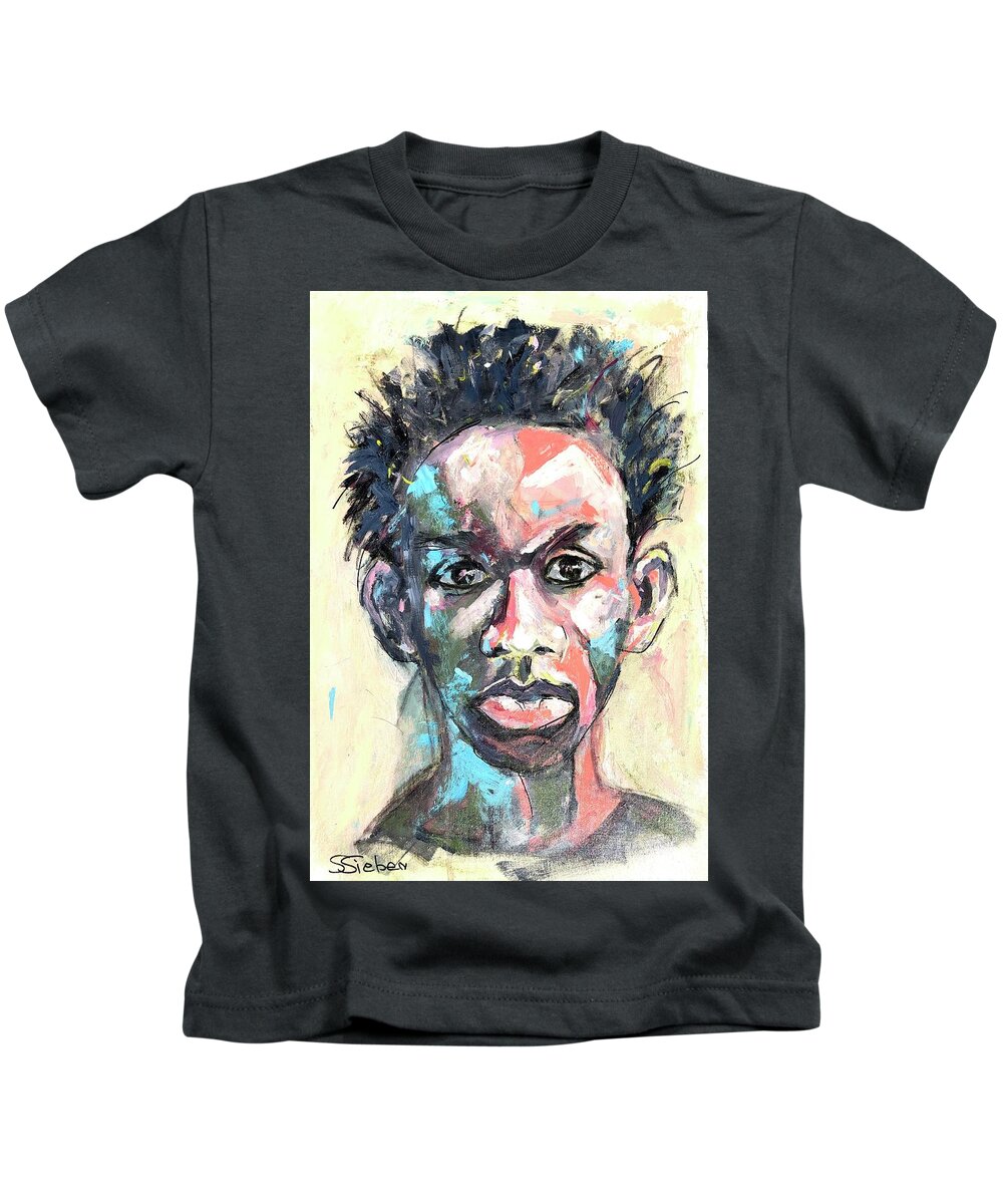 Male Face Kids T-Shirt featuring the painting Are We There Yet by Sharon Sieben