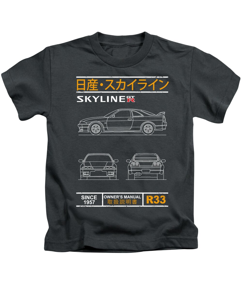 Nissan Skyline R33 Kids T-Shirt featuring the photograph Blueprint of the Skyline R33 by Mark Rogan