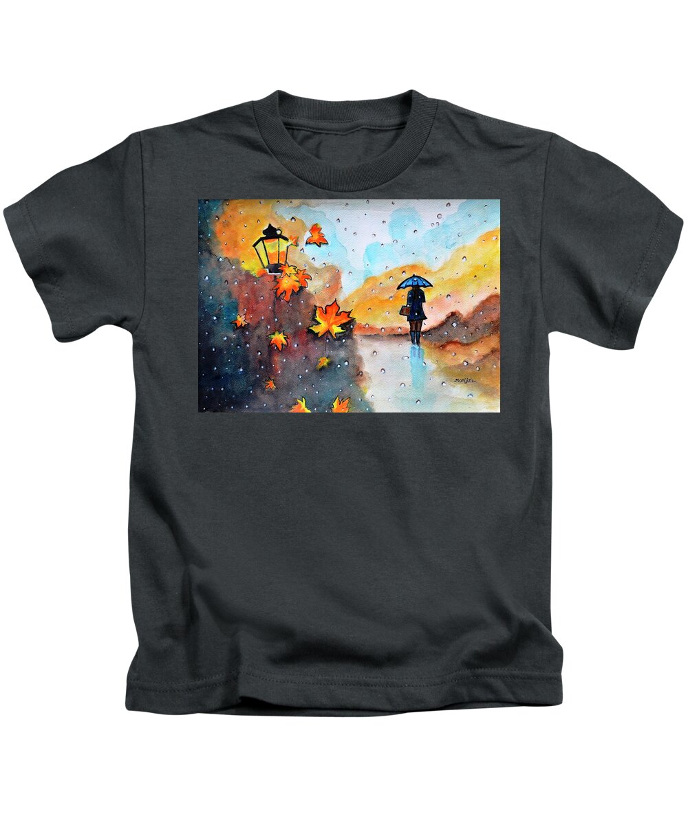 Autumn Kids T-Shirt featuring the painting Autumn Rain watercolor painting by Manjiri Kanvinde