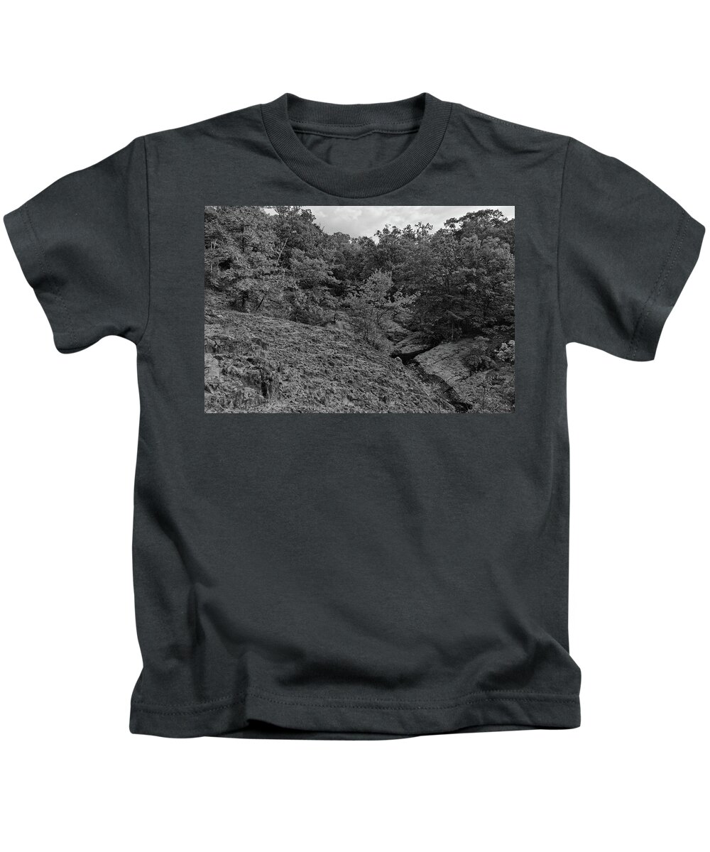 Black And White Kids T-Shirt featuring the photograph Autumn Trees at the Top of Hemlock Falls by Alan Goldberg