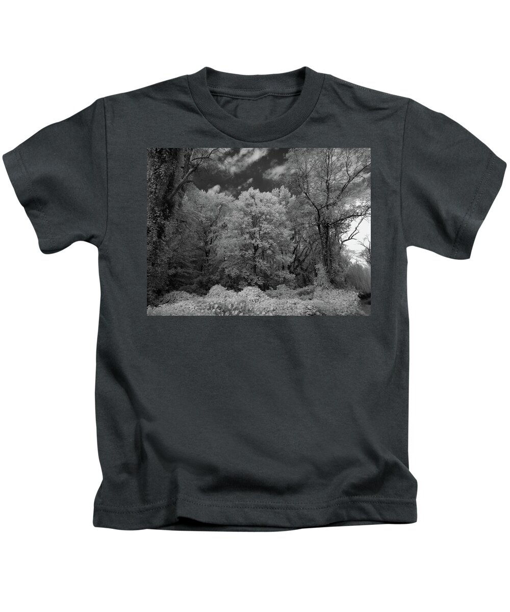 Infrared Kids T-Shirt featuring the photograph Autumn trees in black and white by Alan Goldberg