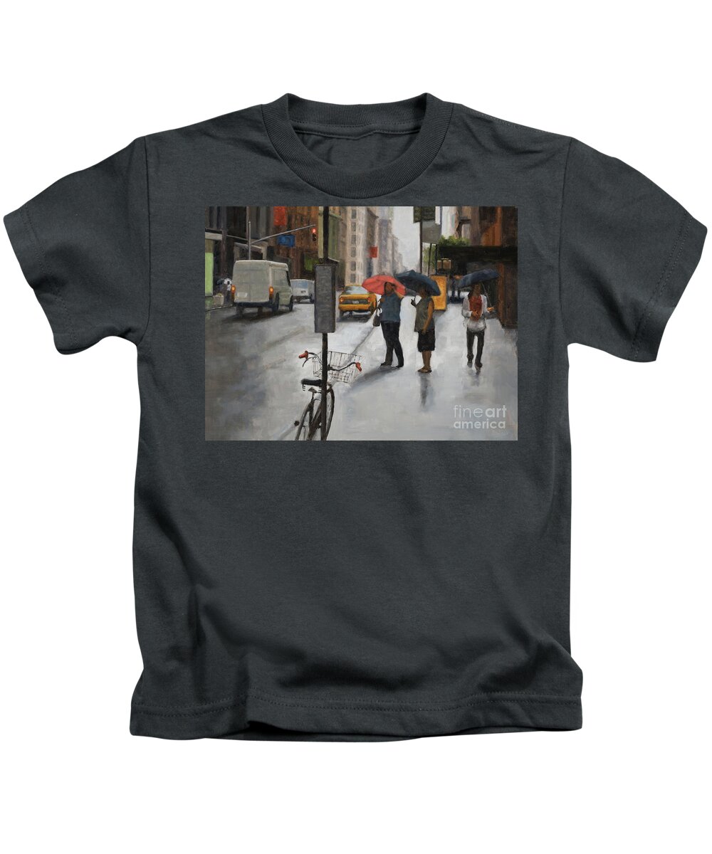 Rain Kids T-Shirt featuring the painting Awaiting a cab by Tate Hamilton