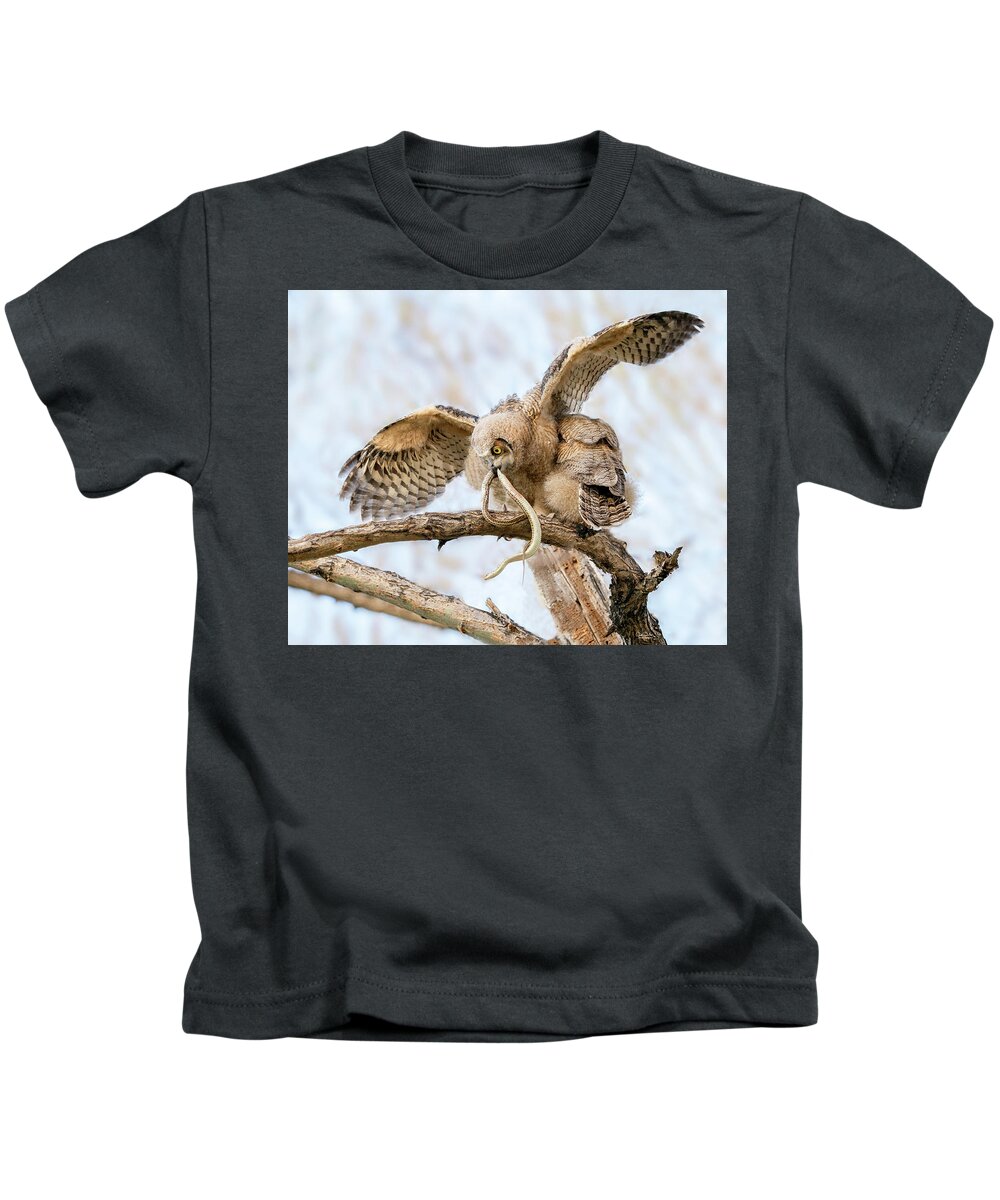 Great Horned Owls Kids T-Shirt featuring the photograph Great Horned Owlet with Snake by Judi Dressler