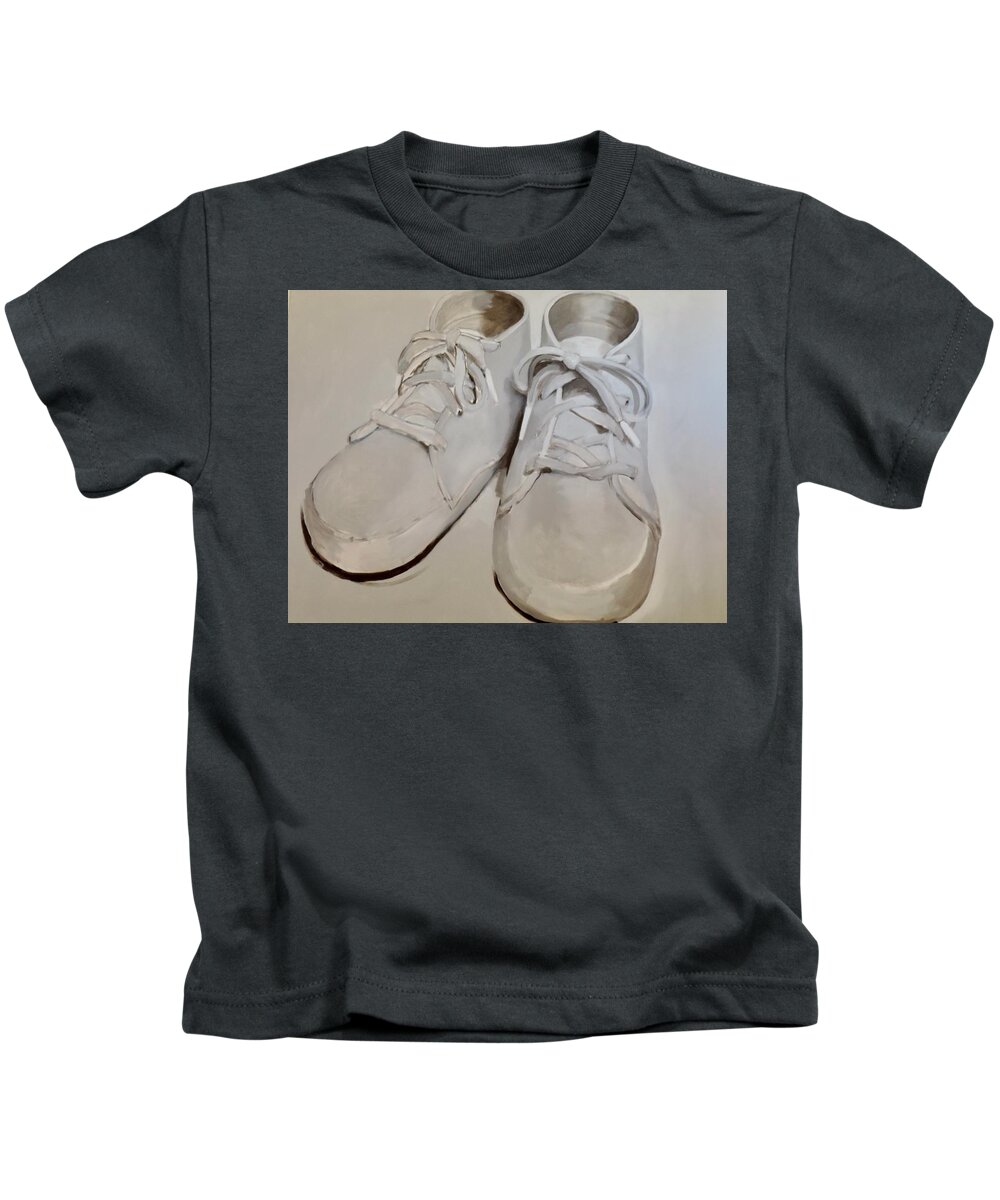 Waltmaes Kids T-Shirt featuring the painting Baby Shoes by Walt Maes