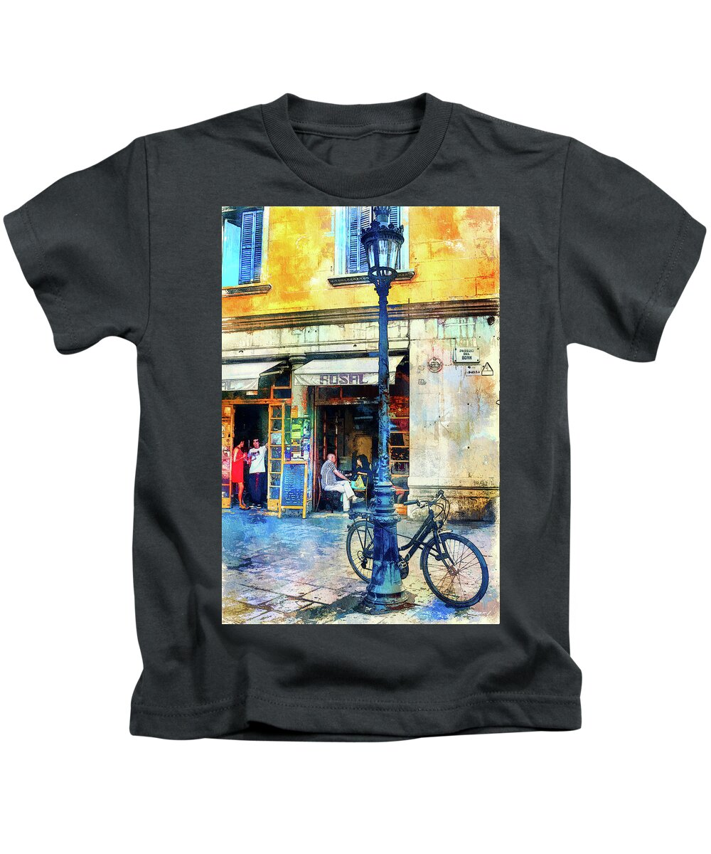 Barcelona Kids T-Shirt featuring the mixed media Barcelona street cafe and bike by Tatiana Travelways