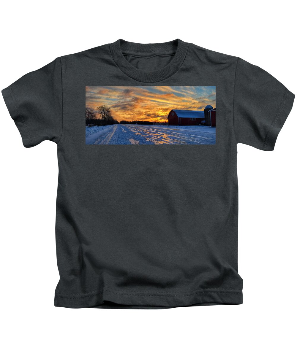 Winter Kids T-Shirt featuring the photograph Barn Sunrise by Brook Burling