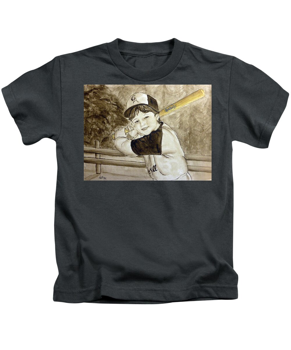 Bat Kids T-Shirt featuring the painting Baseball at it's best by Kelly Mills