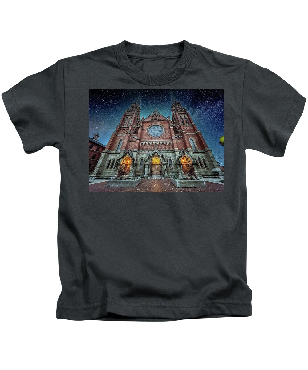 Detroit Kids T-Shirt featuring the photograph Basilica of Ste. Anne de Detroit IMG_7462-SKY by Michael Thomas