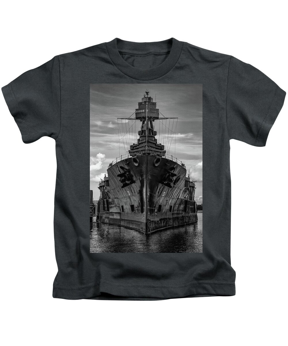 B&w Kids T-Shirt featuring the photograph Last of the Dreadnoughts - Battleship Texas by Mike Schaffner