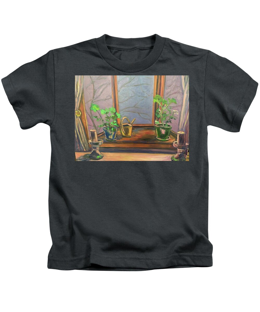 Window Candles Plants Still Life Kids T-Shirt featuring the painting Bay Window by Beth Riso