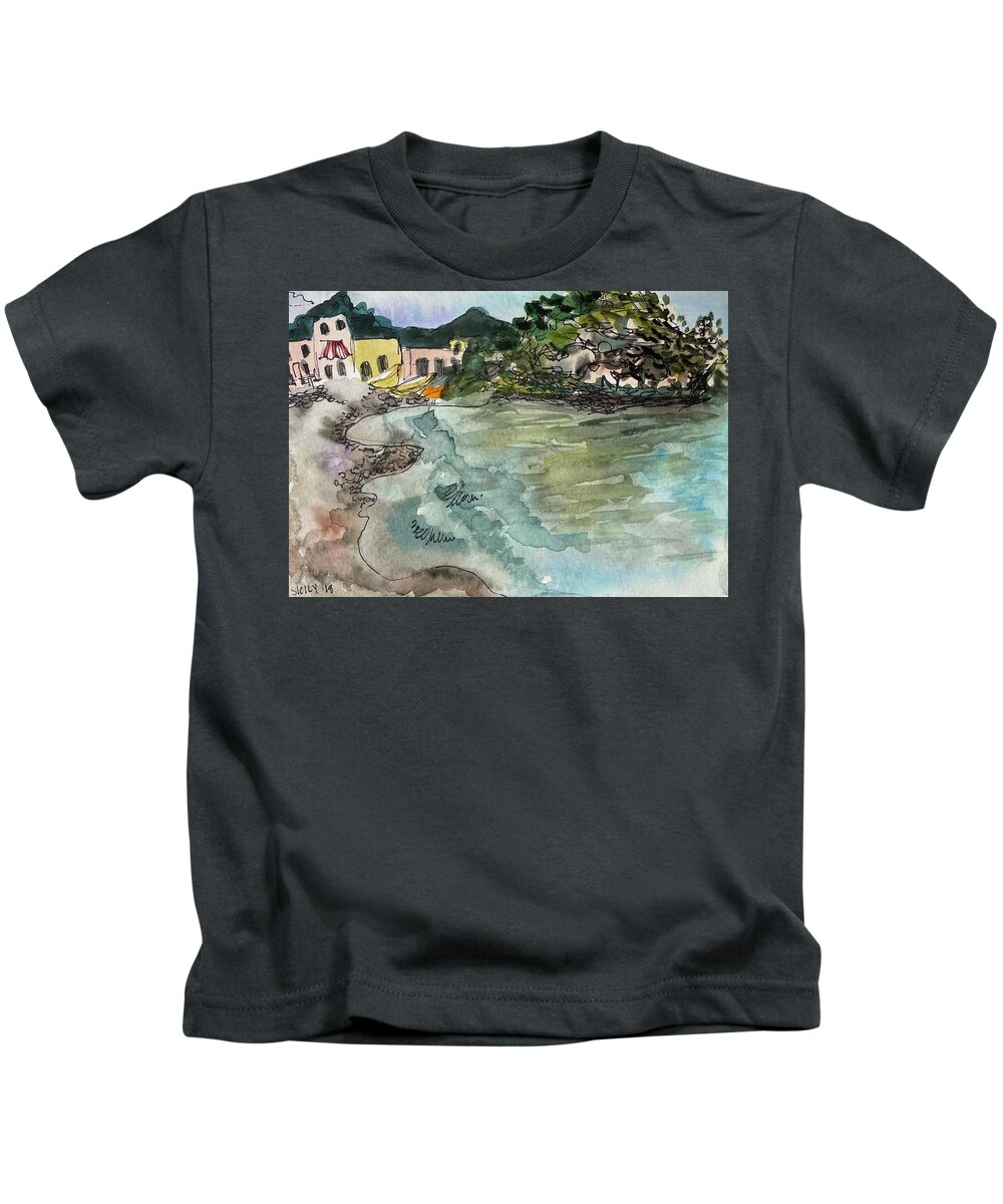  Kids T-Shirt featuring the painting Beachside in Sicily by Meredith Palmer
