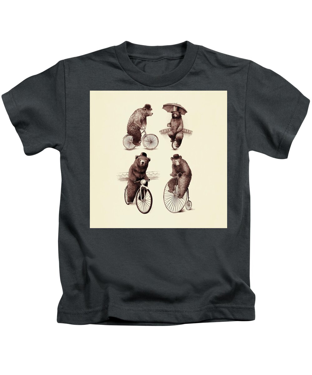 Bears Kids T-Shirt featuring the drawing Bears on Bicycles by Eric Fan