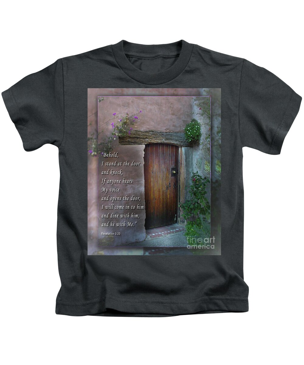 Revelation3:20 Kids T-Shirt featuring the photograph Behold I Stand At The Door and Knock IN002 by Kenneth Johnson
