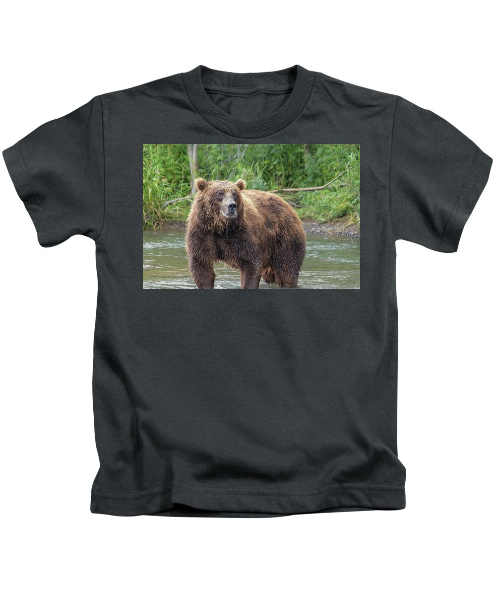 Bear Kids T-Shirt featuring the photograph Big brown bear in river by Mikhail Kokhanchikov