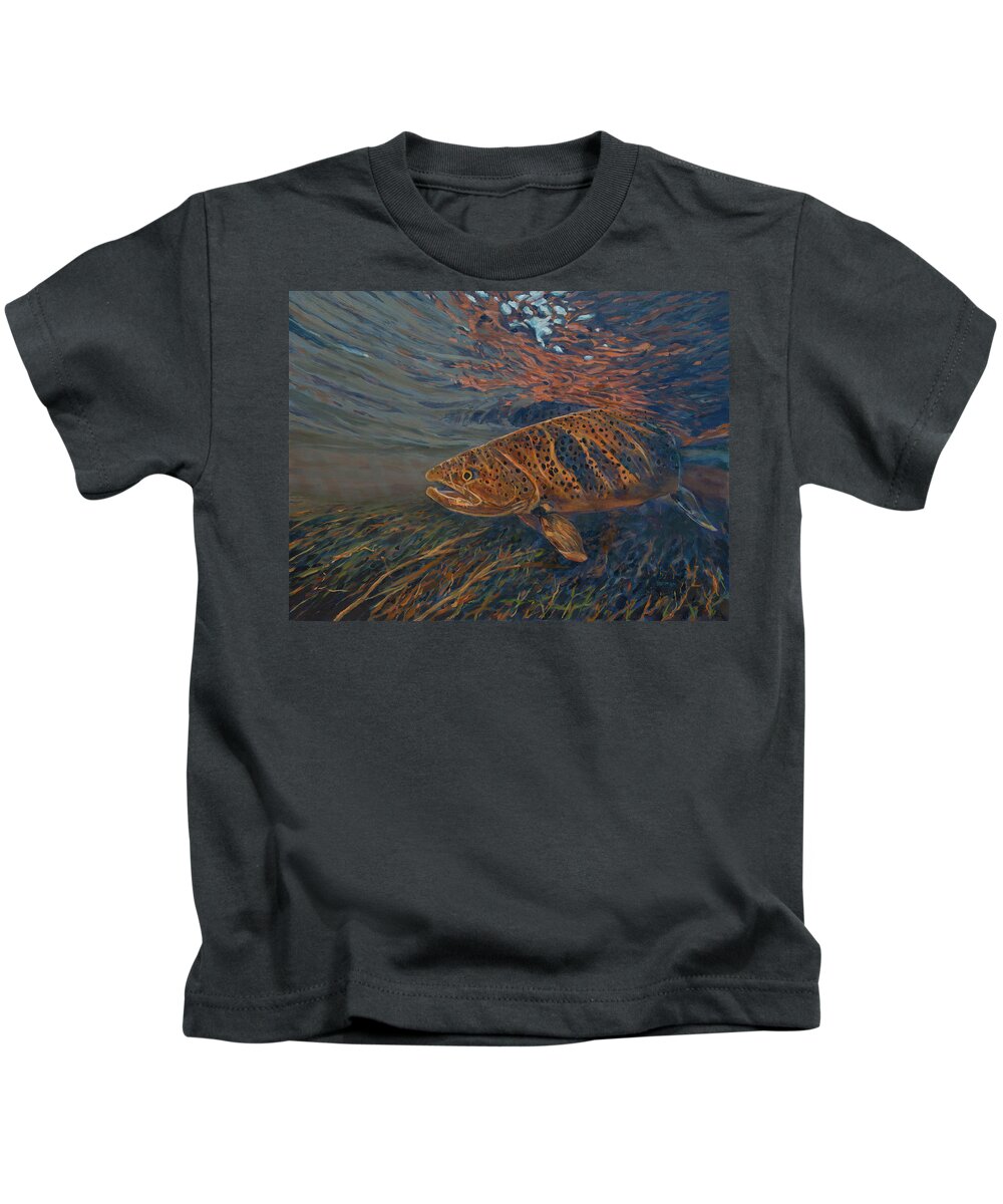 Brown Trout Kids T-Shirt featuring the painting Big Brown by Les Herman