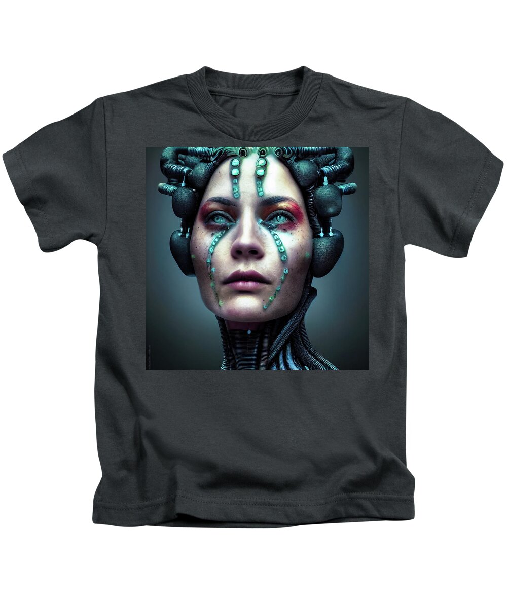 Biopunk Kids T-Shirt featuring the digital art Biopunk Woman Portrait 01 by Matthias Hauser